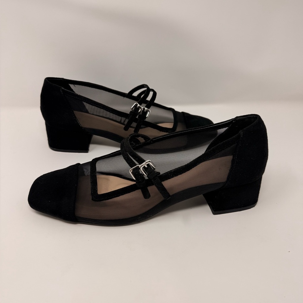 Zara Black Mesh & Suede Low Block Heel Mary Janes
